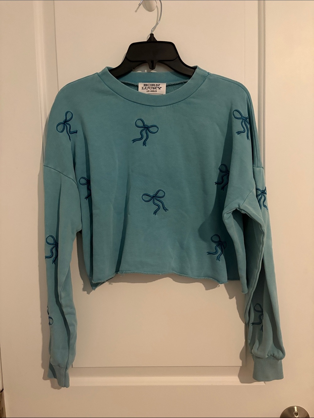 Born Lucky Light Blue Cropped Sweatshirt with Bow Embroidery Medium NWT $39